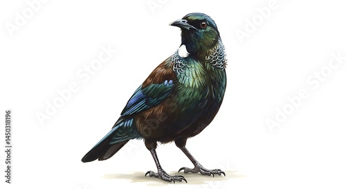Vibrant and Detailed Illustration of a Tui Bird on a Clean White Backdrop