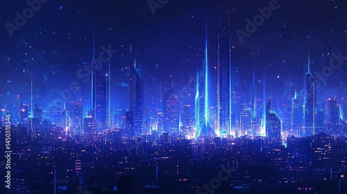 Futuristic city skyline glowing at night  