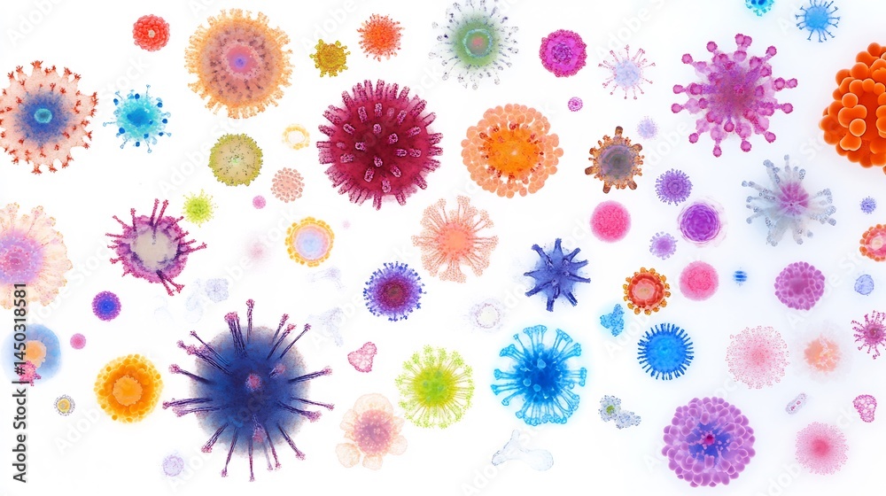 Highly detailed microscopic visualization of various bacterial shape including cocci bacillus spirilla shown vibrant biological color floating sterile environment clean white background no text Highly detailed microscopic visualization of various bacterial shape including cocci bacillus spirilla shown vibrant biological color floating sterile environment clean white background no text
