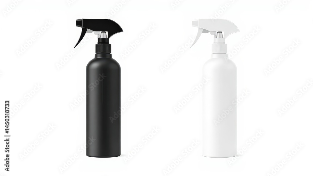 Two cylindrical spray bottles, one black and one white, isolated on white background (1) Two cylindrical spray bottles, one black and one white, isolated on white background (1)