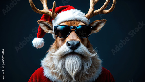 Funny anthropomorphic reindeer with sunglasses and santa hat, festive christmas humor portrait with dark background photo
