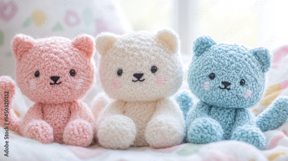 Three charming crocheted kittens in pastel colors. Three charming crocheted kittens in pastel colors.