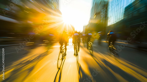 Wallpaper Mural Cyclists speeding through urban landscape at sunrise, capturing motion and energy Torontodigital.ca