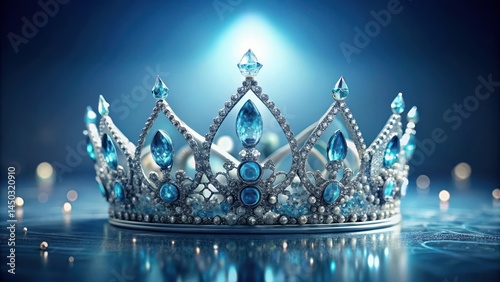 A delicate, hand-crafted crown adorned with intricate blue diamond encrustations against a soothing light blue neutral background, neutral tones, precious stones