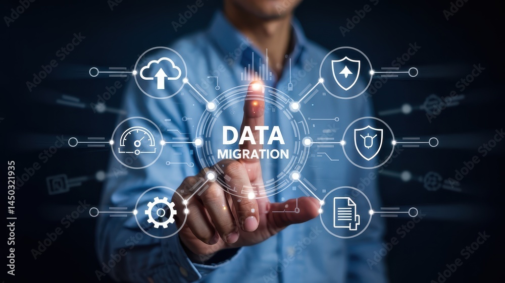 Person interacting with a data migration interface. Person interacting with a data migration interface.