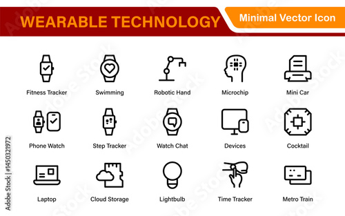 Wearable Technology Icons – Minimal Outline Vector Set for Smart Gadgets, Fitness Trackers, Smartwatches and AR Devices – Line Illustration Pack