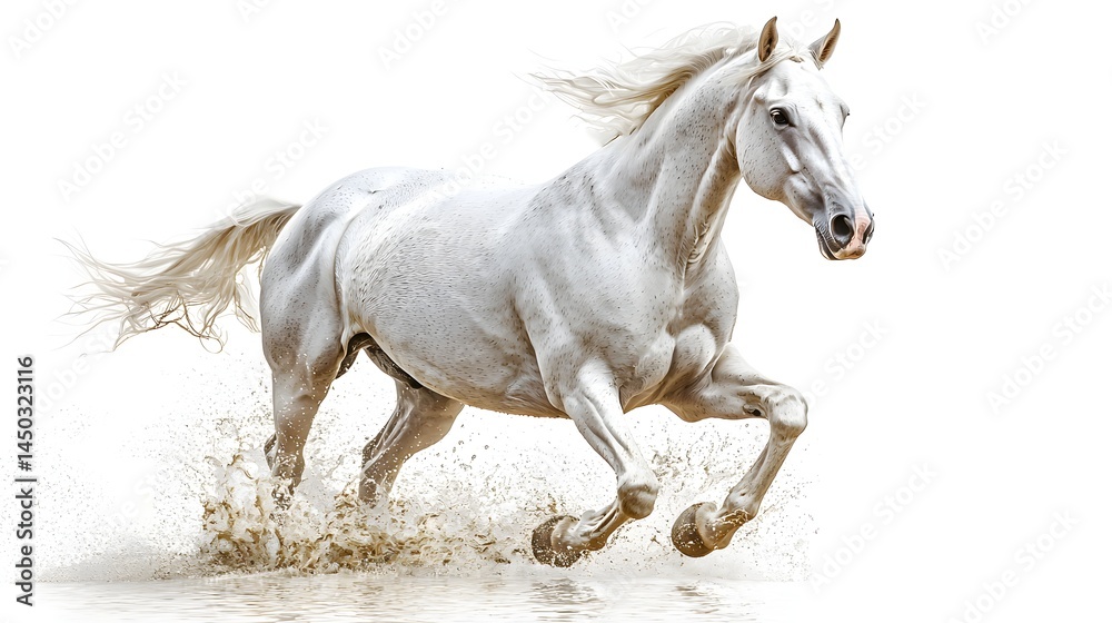 Fototapeta premium Majestic white horse galloping through a field of water