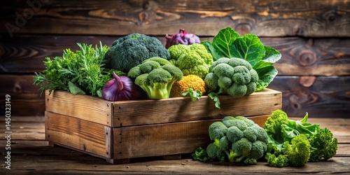 Rustic wooden box overflowing with vibrant cruciferous vegetables including broccoli florets amidst fresh greenery and earthy tones, rustic, harvest