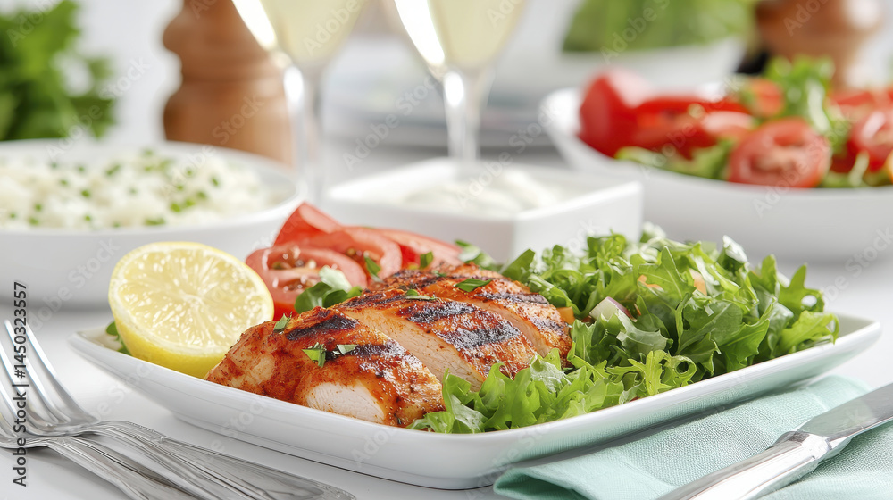 Grilled chicken breast served on bed of fresh greens with tomatoes and lemon, creating vibrant and healthy meal Grilled chicken breast served on bed of fresh greens with tomatoes and lemon, creating vibrant and healthy meal