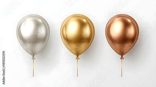 Metallic balloons in silver gold and bronze colors floating against a white background