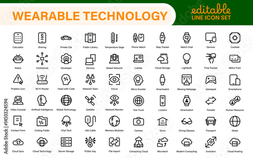 Wearable Technology Icons – Minimal Outline Vector Set for Smart Gadgets, Fitness Trackers, Smartwatches and AR Devices – Line Illustration Pack