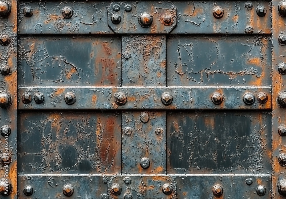 Rusty metal plate with rectangular panels, horizontal bars, and round rivets. Rusty metal plate with rectangular panels, horizontal bars, and round rivets.