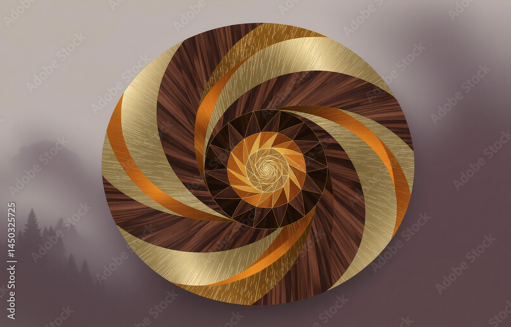 Fototapeta premium A striking spiral design in wood and metal textures forms a hypnotic circle against a soft, hazy landscape background.