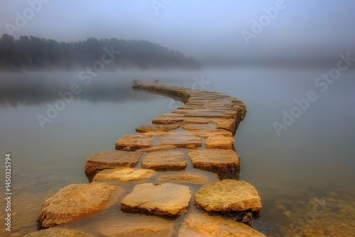 Serene stone path winding through misty lake.  A pathway of large, light-brown stones curves gently across calm water to a hazy shoreline. Tranquil atmosphere