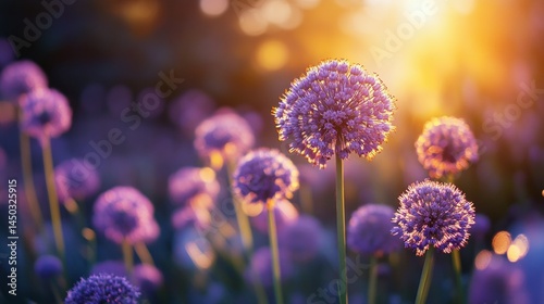 Fototapeta Naklejka Na Ścianę i Meble -  Purple flowers in a field illuminated by the setting sun.