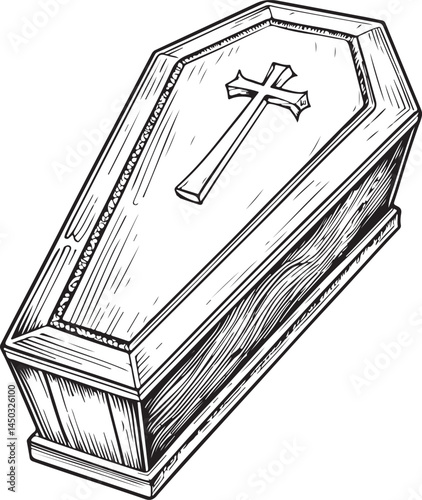 Coffin, Funeral and Death, Loss and Mourning, Black and White Vector Illustration, Sketch Drawing Line Linear Symbol Icon Engraving, Hand-drawn Isolated