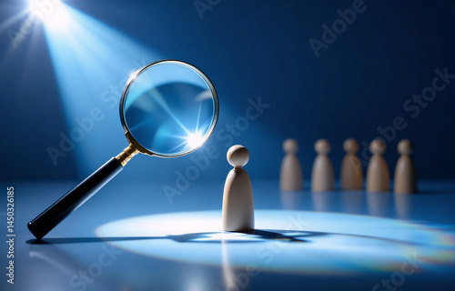 Wallpaper Mural A magnifying glass illuminates a single wooden figure, set apart from a group, suggesting selection or scrutiny.  The scene is dramatic, highlighting individual assessment. Torontodigital.ca
