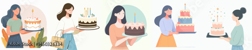 a woman carrying a birthday cake style vector flat design