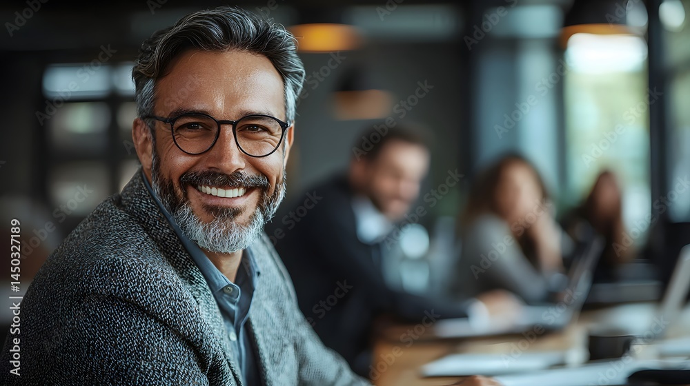 Smiling mature businessman sitting with colleagues in a meeting Smiling mature businessman sitting with colleagues in a meeting