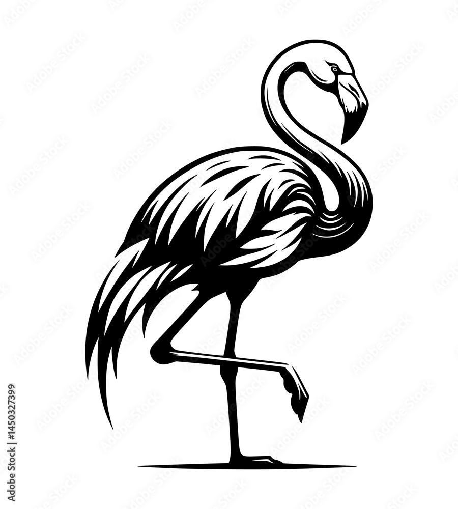 Fototapeta premium A vector illustration of a black and white flamingo, isolated against a white background.
