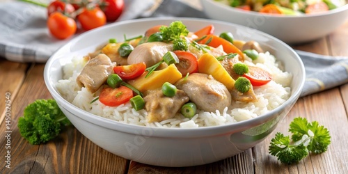 Chicken fricassee served in a shallow white ceramic bowl with steaming hot basmati rice and mixed vegetables, home cooked, warm meal
