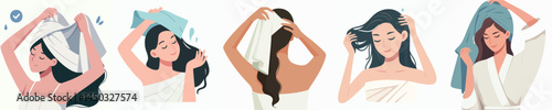 a woman is drying her hair with a towel style vector flat design