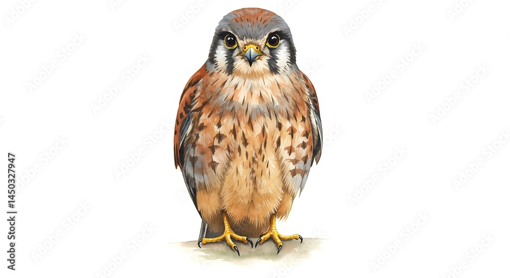 Naklejka premium A watercolor illustration of an American Kestrel bird, with expressive eyes, on a white background