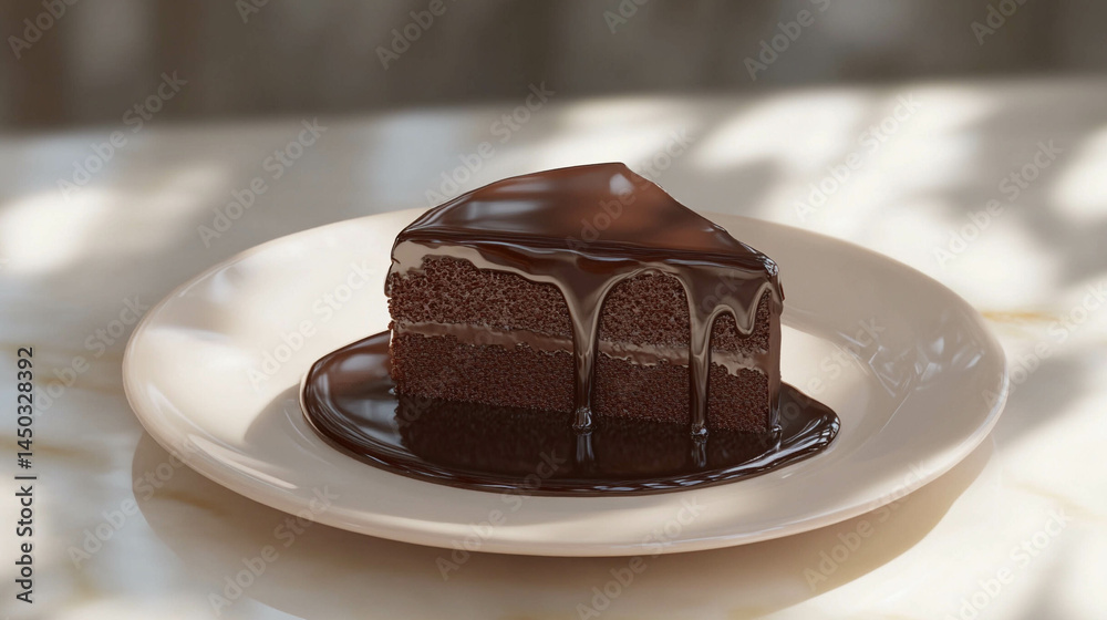 A slice of chocolate cake with chocolate sauce on a beige plate and sun light reflection