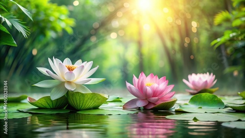 Fototapeta Naklejka Na Ścianę i Meble -  Relaxing atmosphere with lotus flowers and greenery in a serene natural setting