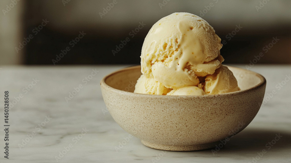 Vanilla ice cream on a beige bowl close-up. Aesthetic ice cream photo