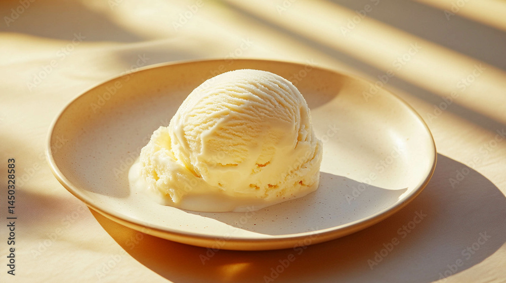 Vanilla ice cream on a beige plate close-up. Aesthetic ice cream photo