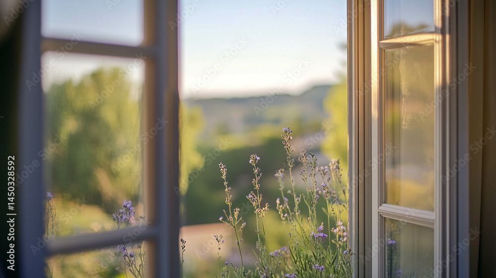 Window close-up with a beautiful view of the Provence region, France