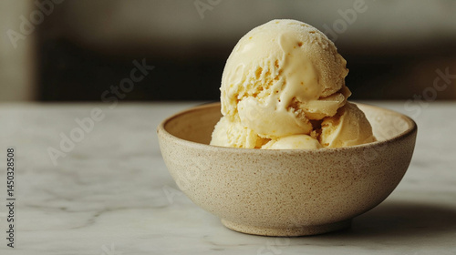 Obraz na płótnie Vanilla ice cream on a beige bowl close-up. Aesthetic ice cream photo w salonie