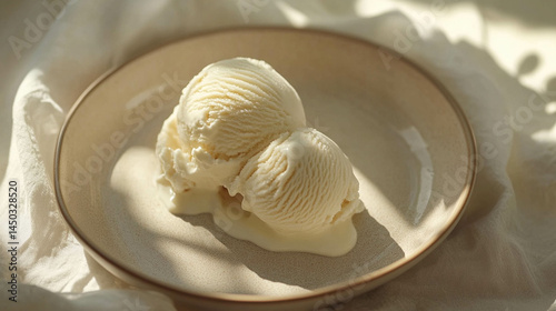 Vanilla ice cream on a beige plate close-up. Aesthetic ice cream photo
