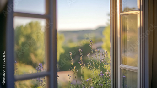 Obraz na płótnie Window close-up with a beautiful view of the Provence region, France w salonie