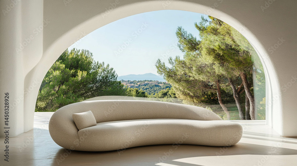 A light beige modern curved sofa in front of a bright window with a beautiful landscape view