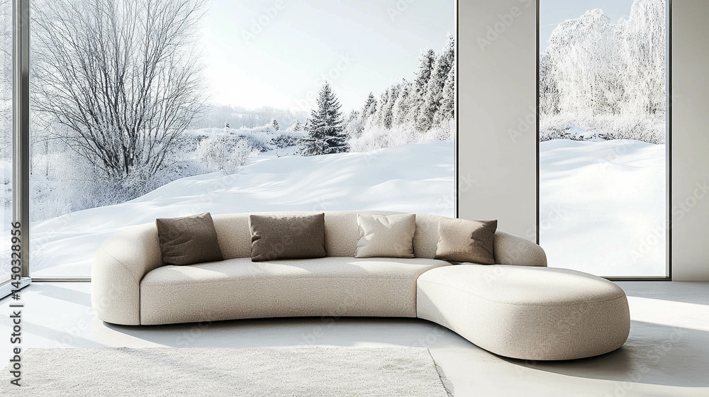 A light beige modern curved sofa in front of a bright window with a winter landscape view