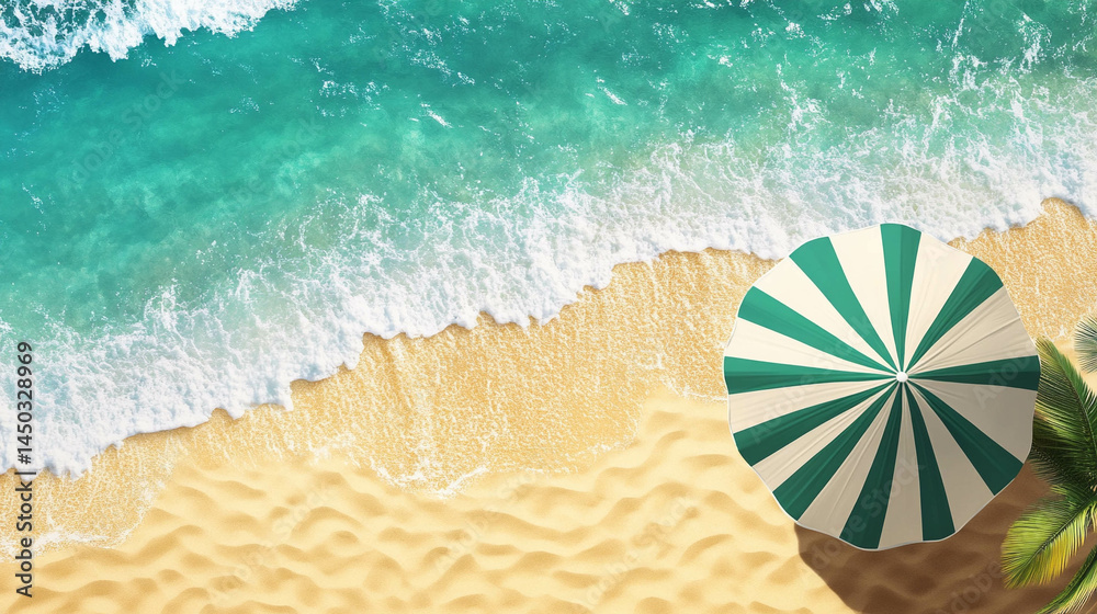 Top view of a beach umbrella in white color with green stripes on a paradisiac beach with golden sand and turquoise ocean