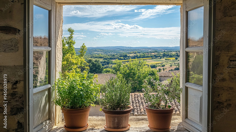 Window close-up with a beautiful view of the Provence region, France