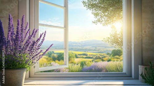 Obraz na płótnie Window close-up with a beautiful view of the Provence region, France w salonie