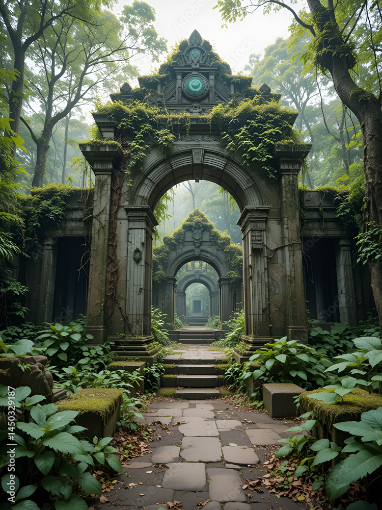Fototapeta premium Ancient temple ruins overgrown with vines and moss, overgrowth, nature, overgrowth