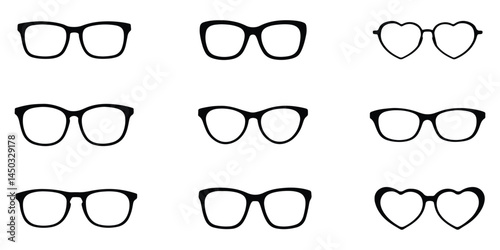Set of black eyeglasses and heart-shaped glasses icons in minimalist flat style.