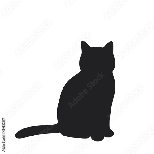 Black cat silhouette sitting against a white background  