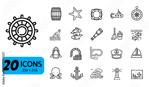 Set of 20 Nautical and Marine Life Icons, Outline Style, 256x256 Pixels