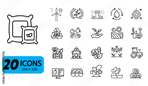 Set of 20 Eco Farm and Sustainable Agriculture Icons, Outline Style, 256x256 Pixels