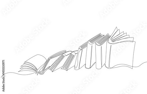 Minimalist continuous one line drawing of a row of books falling like dominoes, symbolizing knowledge, education, and storytelling. Simple black line art on white background, Vector Editable stroke