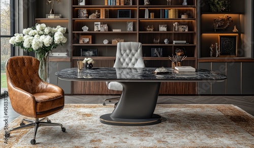 Modern home office desk, marble top, leather chair, bookshelves photo
