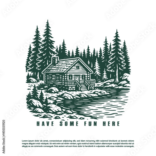 Vintage evergreen mountain lake with wood house in the middle vector illustration