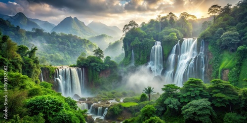 Fototapeta Naklejka Na Ścianę i Meble -  Mountainous landscape with misty waterfalls and lush greenery in the foreground, forest, foliage,  forest, foliage