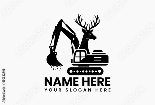 Deer standing on excavator in circular badge, retro vector logo for family-owned excavation businesses  